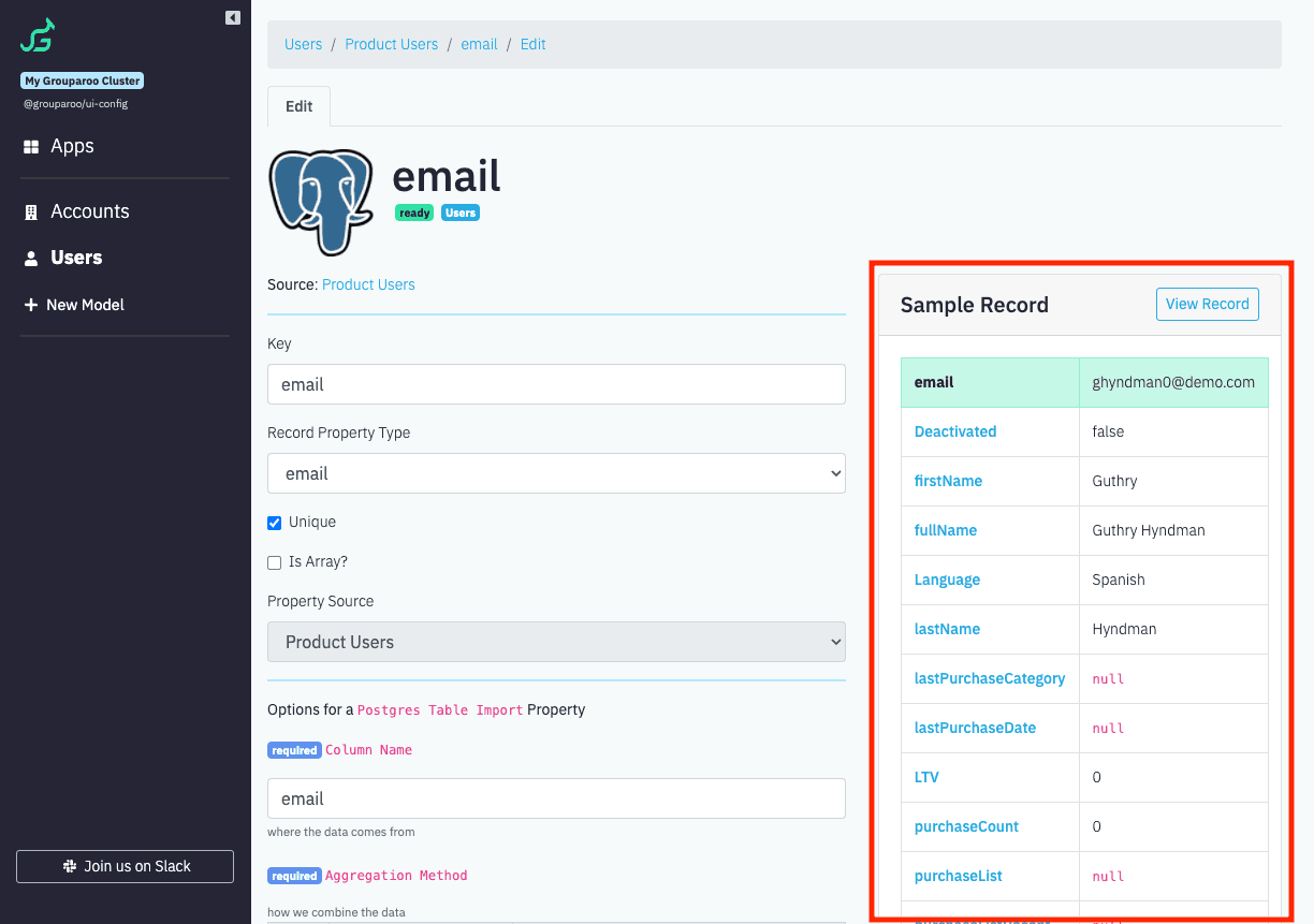 UI Config: Sample Record in Property Editor