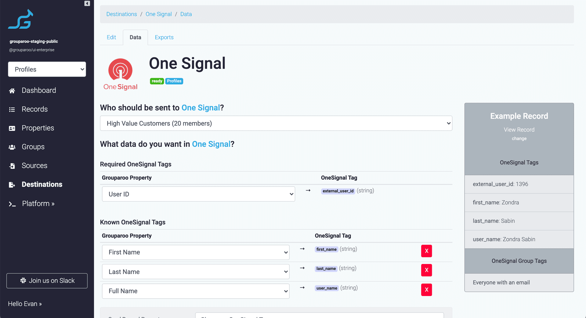 OneSignal Destination settings